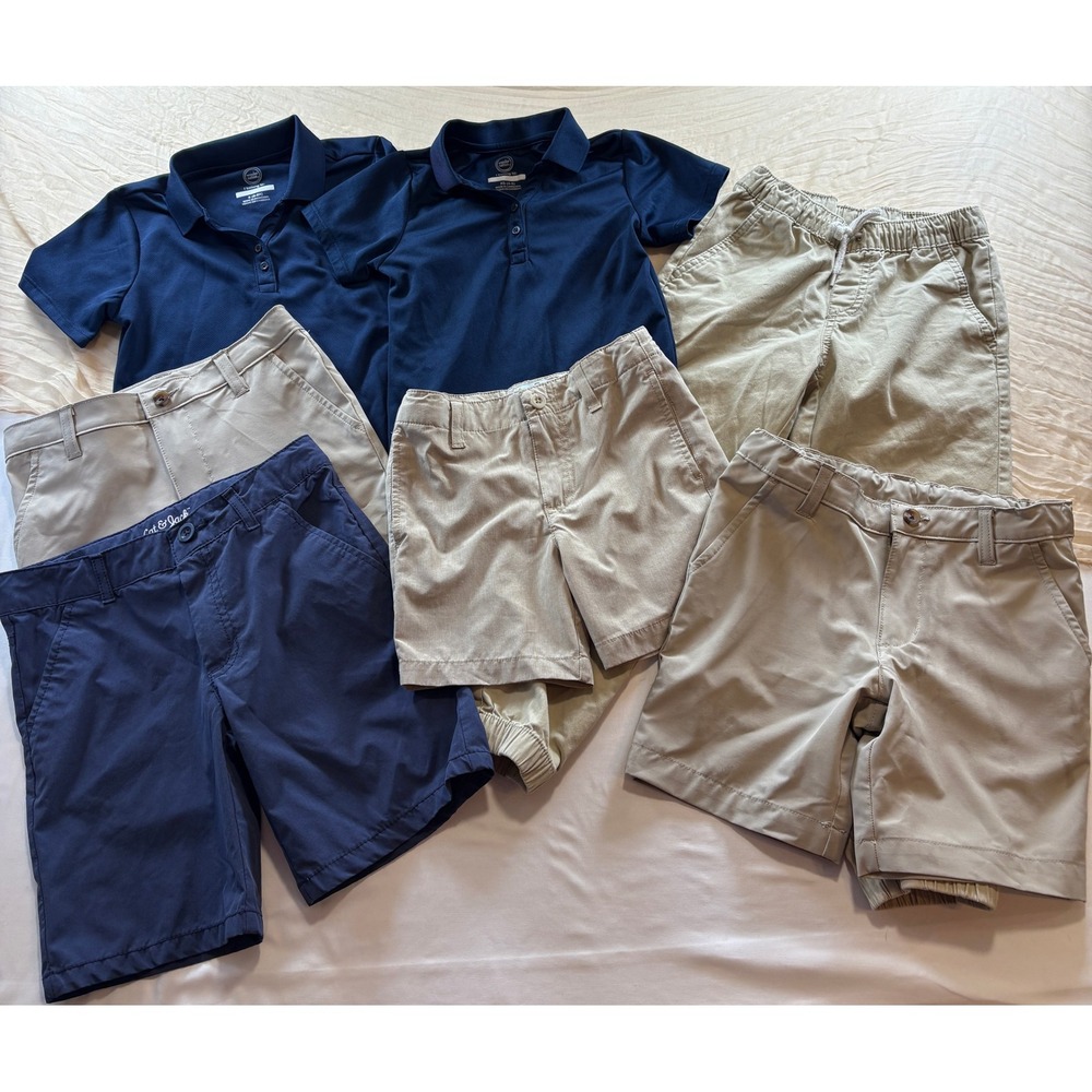 Boys School Uniform Navy/Khaki Short Sleeve Polos Pants Shorts Set of 7 Szs 5/6X